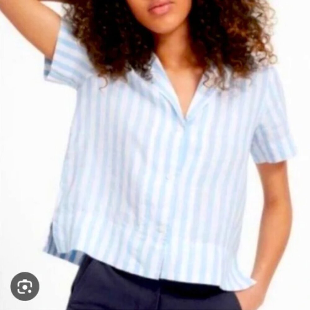 Everlane The Notch Shirt Relaxed 100% Linen Blue White Stripe Short Sleeve Sz 4